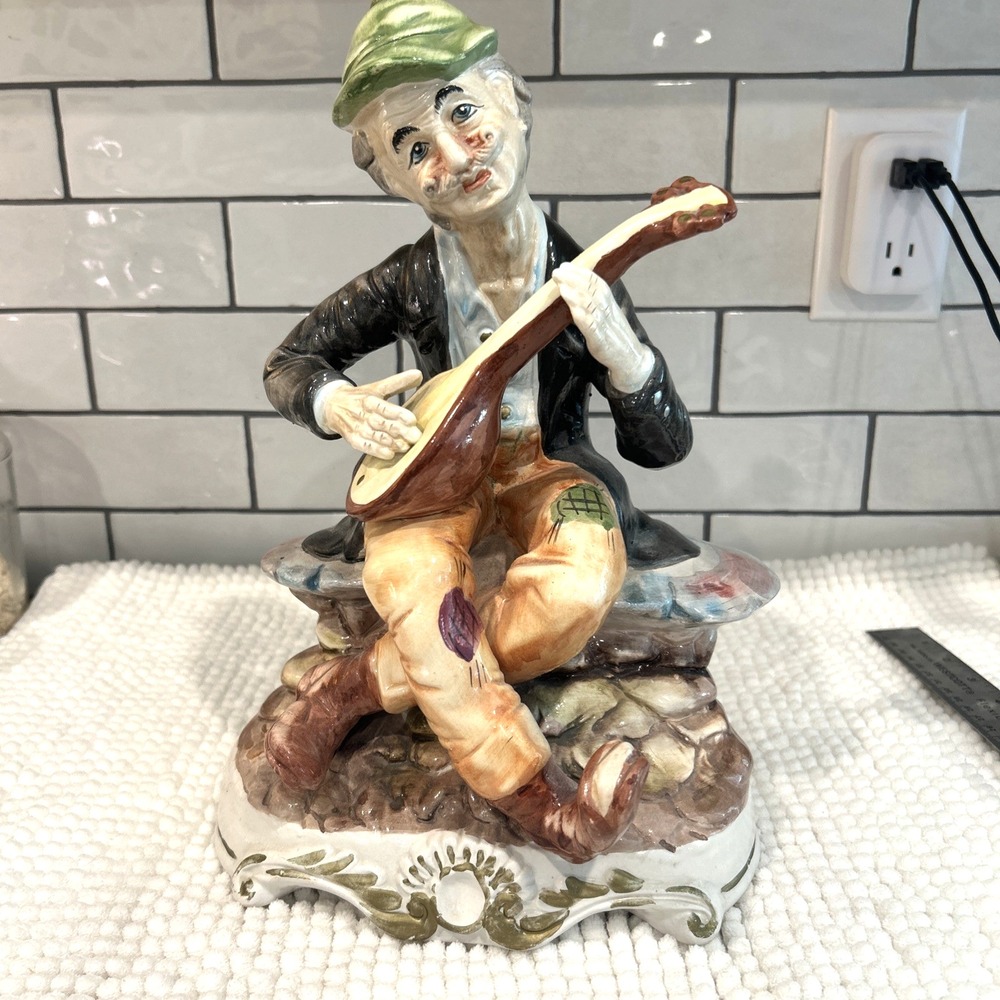 Vintage CAPODIMONTE Figurine Man Playing Mandolin 13" H X 9" W Made in Italy